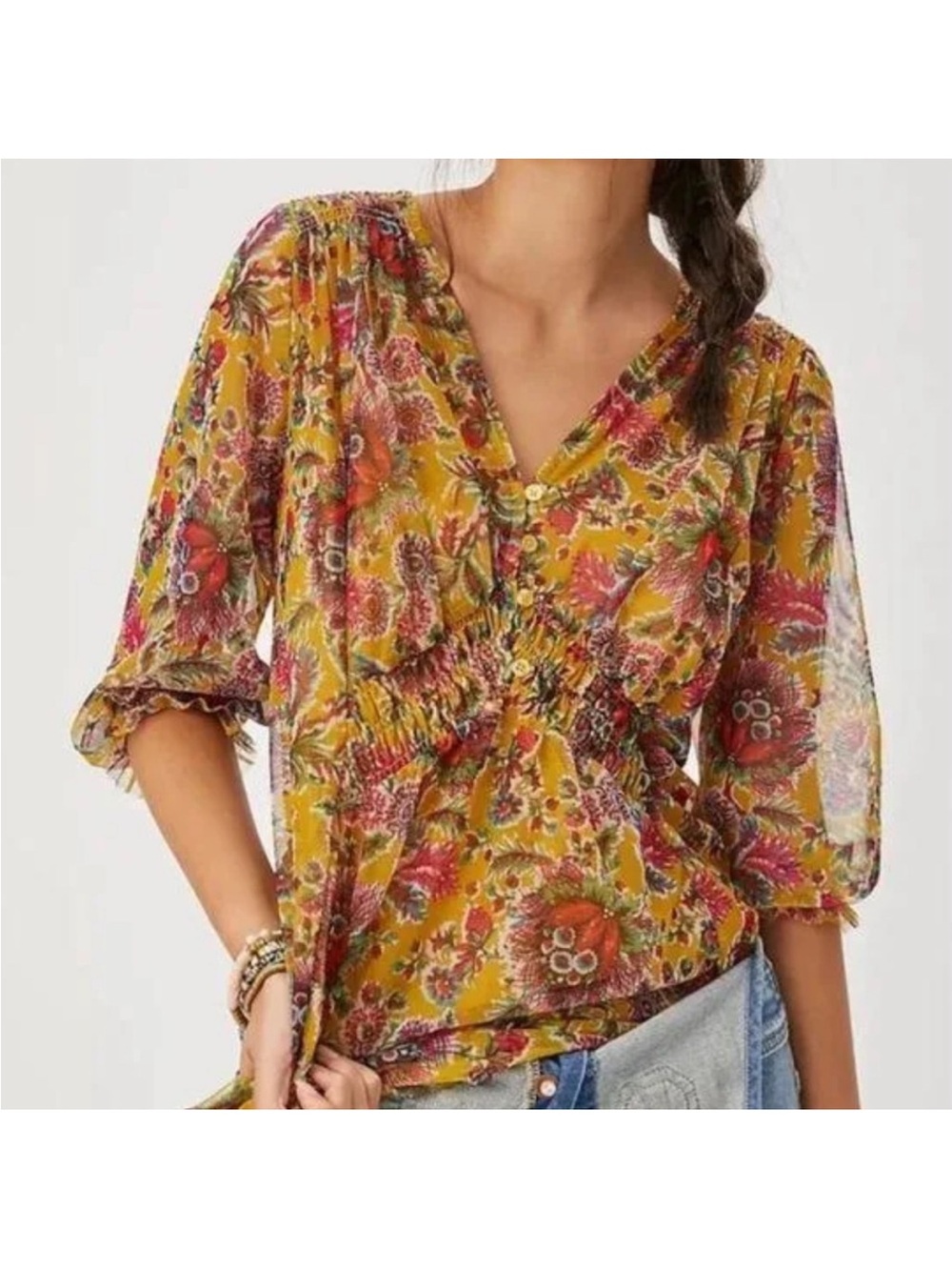 Anthropologie Gretchen Blouse M Mustard Floral Mesh Smocked Boho Tunic Top